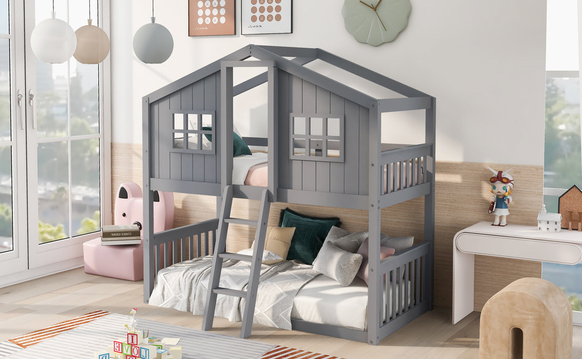 Twin Over Twin House Bunk Bed With Ladder, Wood Bed-Gray
