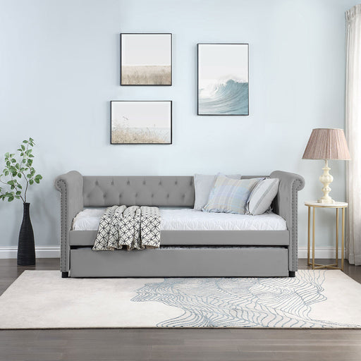 Twin Daybed with Trundle Upholstered Tufted Sofa Bed, with Beautiful Round Armset Design, Gray lowrysfurniturestore