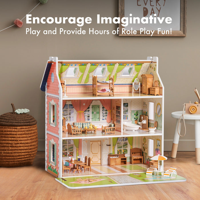 Classic Vintage Wooden Dollhouse for boys and girls, Great Gift for Kids