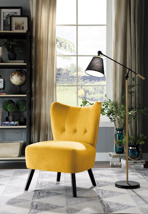 Unique Style Accent Chair Yellow Velvet Covering Button-Tufted Back Brown Finish Wood Legs Modern Home Furniture lowrysfurniturestore