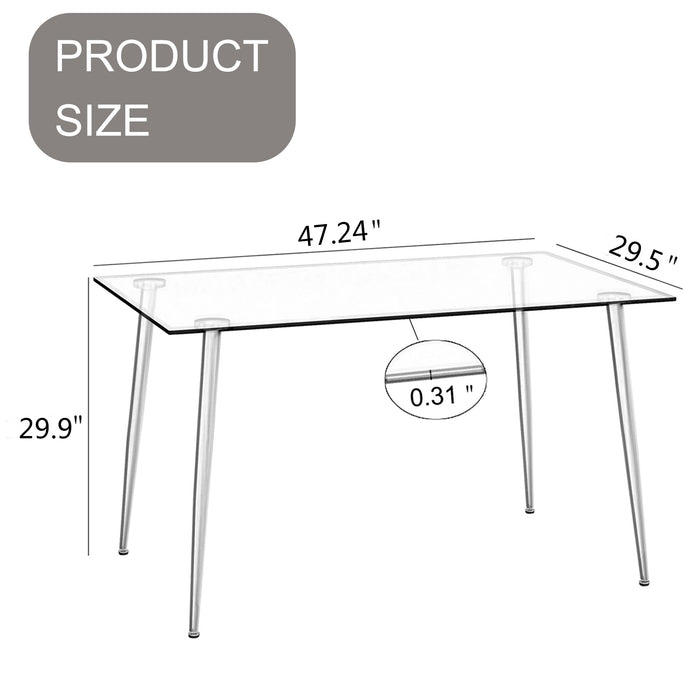Modern Minimalist Rectangular Glass Dining Table for 4-6 with 0.31" Tempered Glass Tabletop and Wood color Coating Metal Legs, Writing Table Desk, for Kitchen Dining Living Room, 47" W x 31"D x 30" H