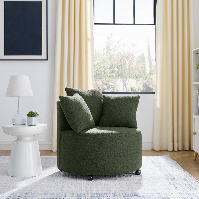 Teddy Fabric Swivel Accent Backchair Upholstered Luxury Lounge Chair for Living Room Bedroom, with Movable Wheels, Including 3 Pillows,Green | lowrysfurniturestore