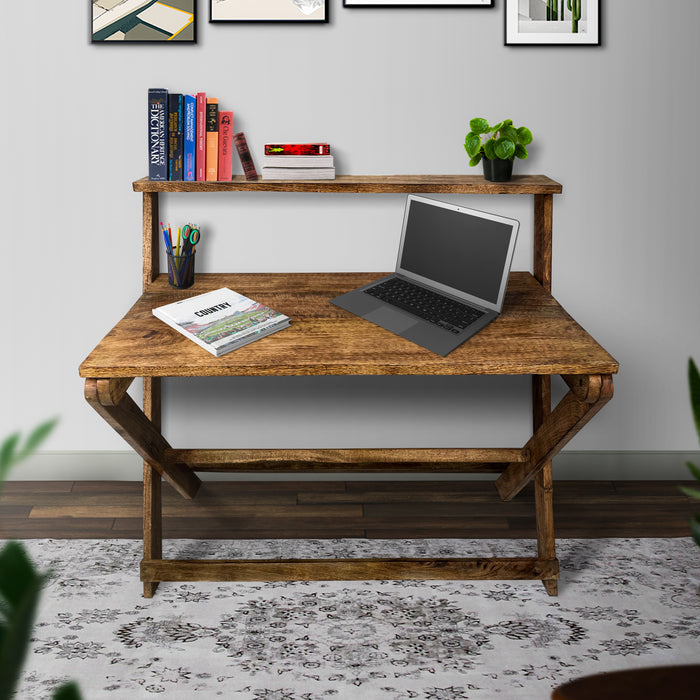 42 Inch Rectangular Mango Wood Home Office Desk, Top Shelf, X Shaped Folding Frame, Brown | lowrysfurniturestore