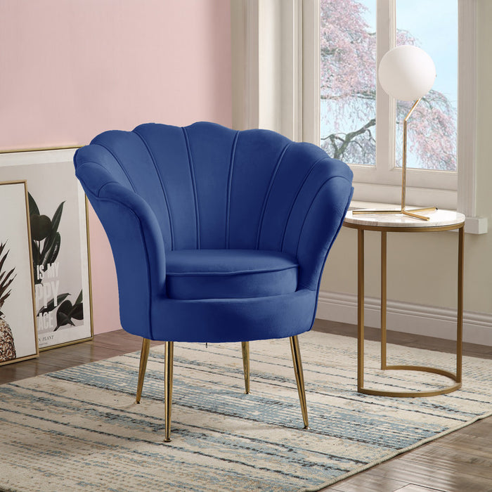 Angelina Blue Velvet Scalloped Back Barrel Accent Chair with Metal Legs | lowrysfurniturestore