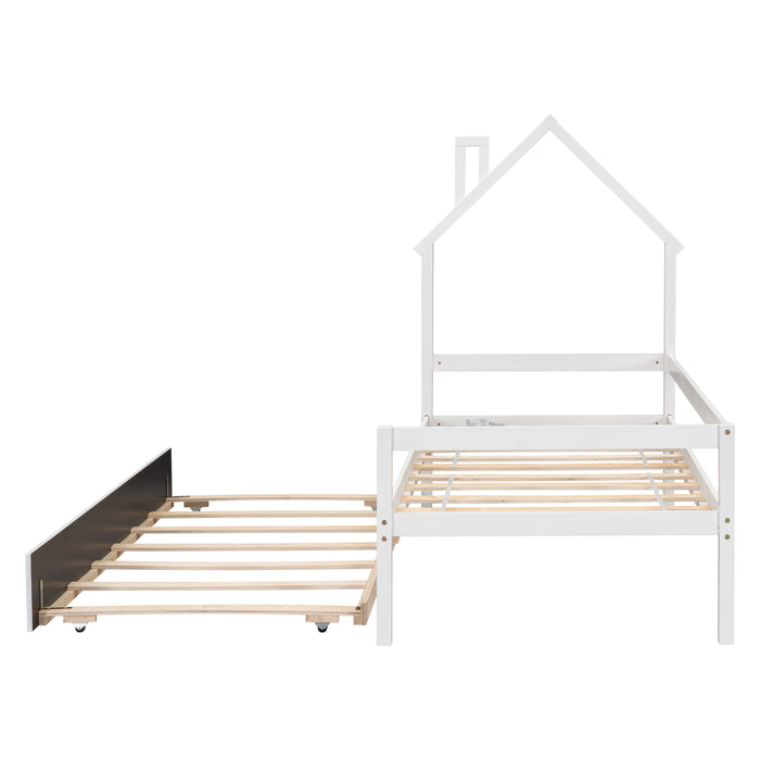 Twin Wooden Daybed with trundle, Twin House-Shaped Headboard bed with Guardrails,White