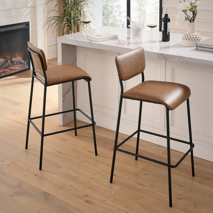 Pu Faux Leather Bar Stools Set of 2, Pub Barstools with Back and Footrest, Brown (18.25"x20“x38.5”）