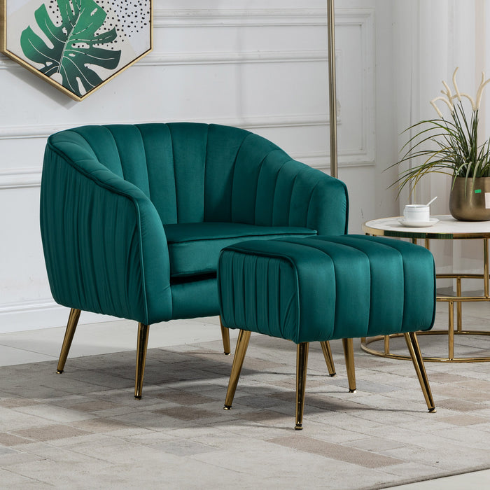 Velvet Accent Chair with Ottoman, Modern Tufted Barrel Chair Ottoman Set for Living Room Bedroom, Golden Finished, Christmas Green