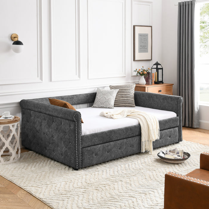 Full Daybed with Twin Trundle Upholstered Tufted Sofa Bed, with Button and Copper Nail on Arms Gray | lowrysfurniturestore