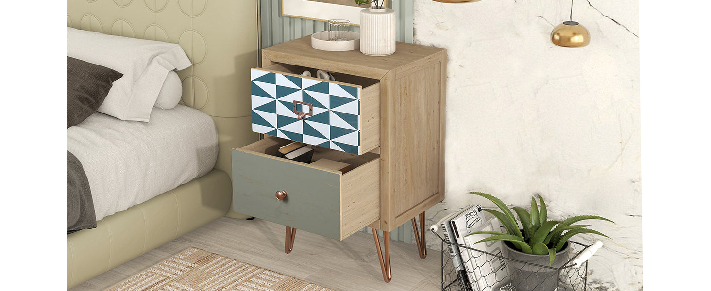 Wooden Nightstand with Two Drawer and Metal Feet Modern Style Bedside Table (Natural)