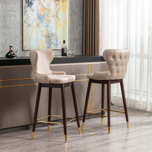 29.9" Modern Leathaire Fabric bar chairs, Tufted Gold Nailhead Trim Gold Decoration Bar stools,Set of 2 (Beige)