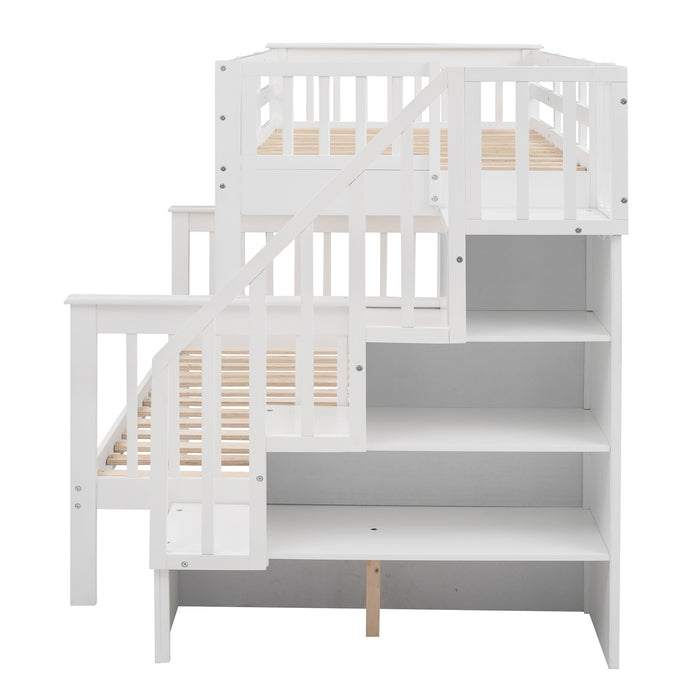 White Twin-Over-Full Bunk Bed with Stairway Storage and Guard Rail | lowrysfurniturestore