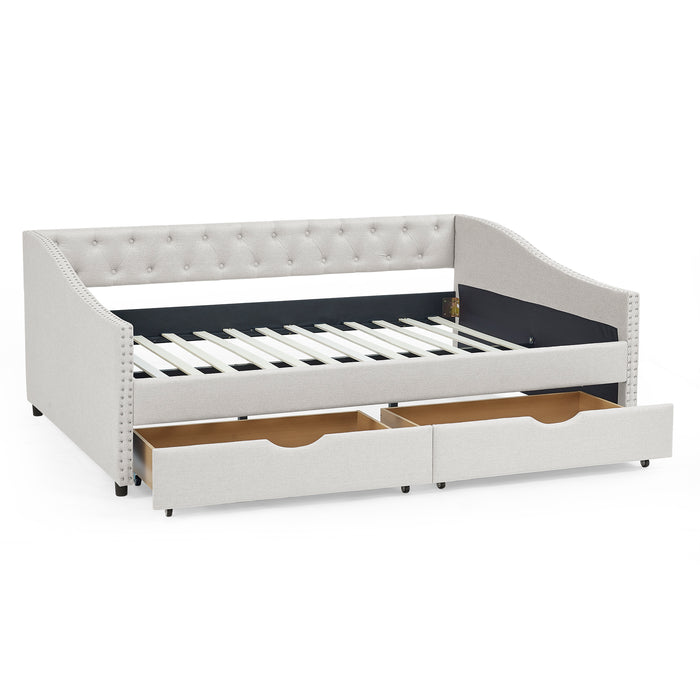 Full Size Daybed with Drawers Upholstered Tufted Sofa Bed with Button on Back and Copper Nail on Waved Shape Arm Beige | lowrysfurniturestore