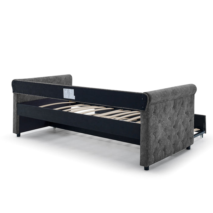 Daybed with Trundle Upholstered Tufted Sofa Bed, with Button and Copper Nail on Arms，both Twin Size, Grey（85.5“x42”x30.5“）