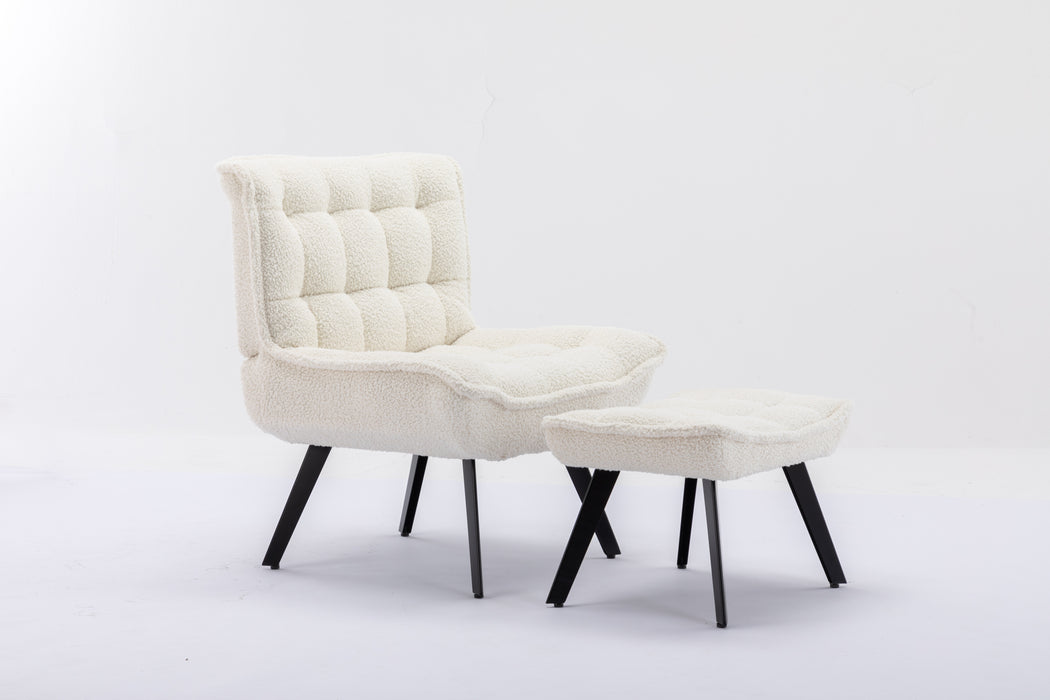 Modern Soft Teddy Fabric Material Large Width Accent Chair Leisure Chair Armchair TV Chair Bedroom Chair With Ottoman Black Legs For Indoor Home And Living Room,White