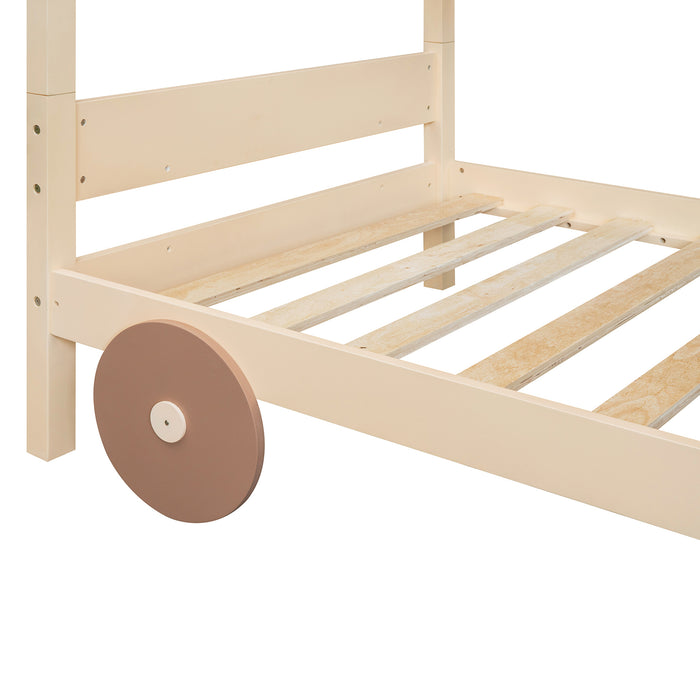 Twin Size Car-Shaped Convertible Bunk Bed, White, Natural+Brown