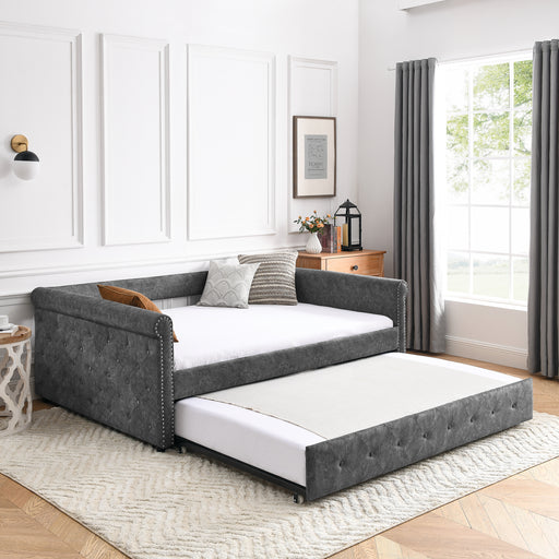 Full Daybed with Twin Trundle Upholstered Tufted Sofa Bed, with Button and Copper Nail on Arms Gray lowrysfurniturestore