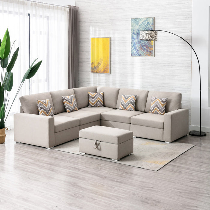 Nolan Beige Linen Fabric 6Pc Reversible Sectional Sofa with Pillows, Storage Ottoman, and Interchangeable Legs