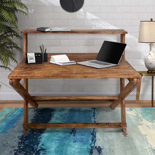 42 Inch Rectangular Mango Wood Home Office Desk, Top Shelf, X Shaped Folding Frame, Brown | lowrysfurniturestore