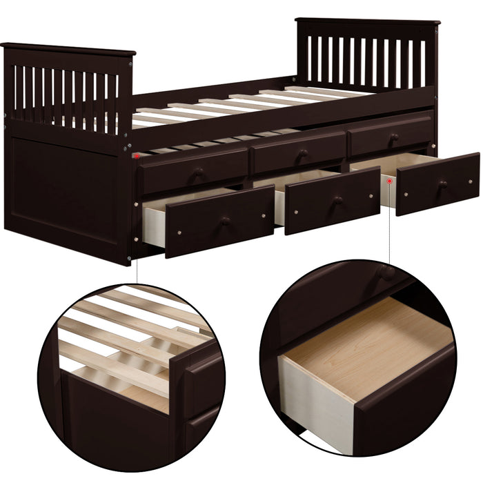 Twin Daybed with Trundle Bed and Storage Drawers, Wood Espresso | lowrysfurniturestore