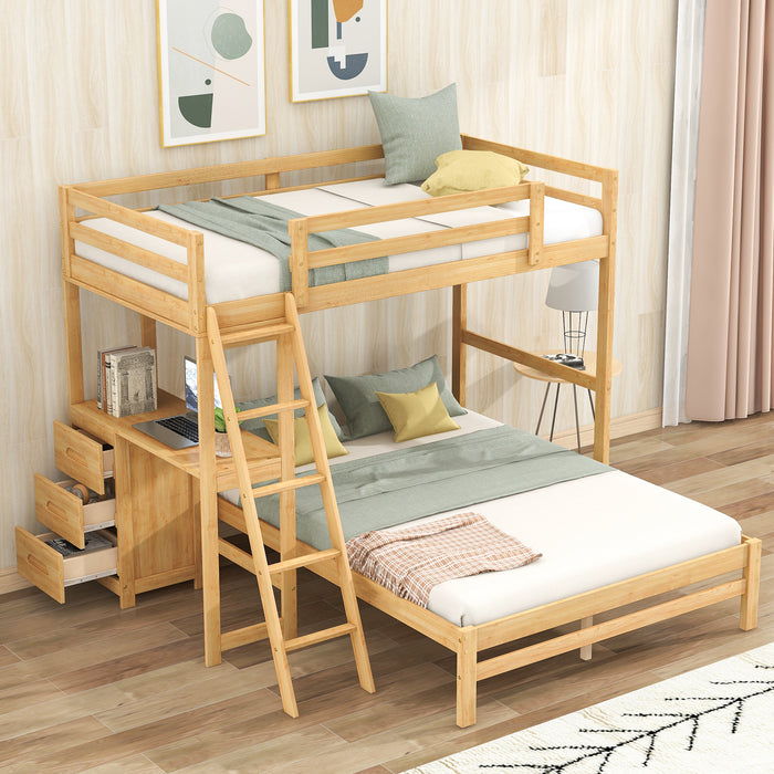 Twin over Full Bunk Bed with Built-in Desk and Three Drawers,Natural