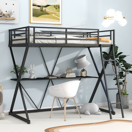 Black Twin Size Loft Bed with Desk Ladder and Full-Length Guardrails X-Shaped Frame | lowrysfurniturestore