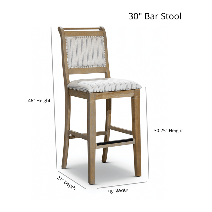 30" Bar Stool, Rustic Gray Finish, Gray Stripe Fabric Seat