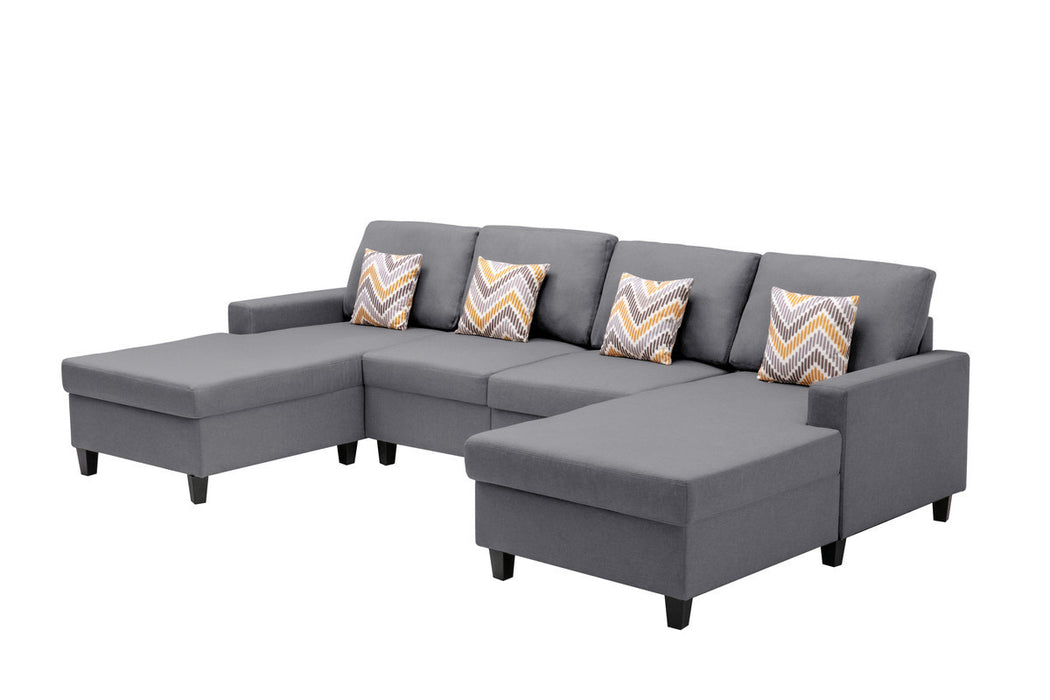 Nolan Gray Linen Fabric 4Pc Double Chaise Sectional Sofa with Pillows and Interchangeable Legs