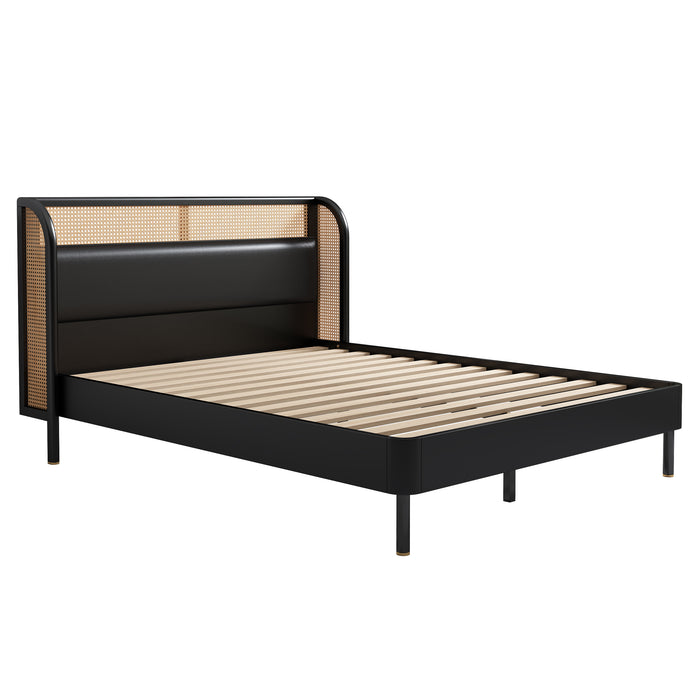 Queen Black Modern Rattan Wood Platform Queen Bed lowrysfurniturestore