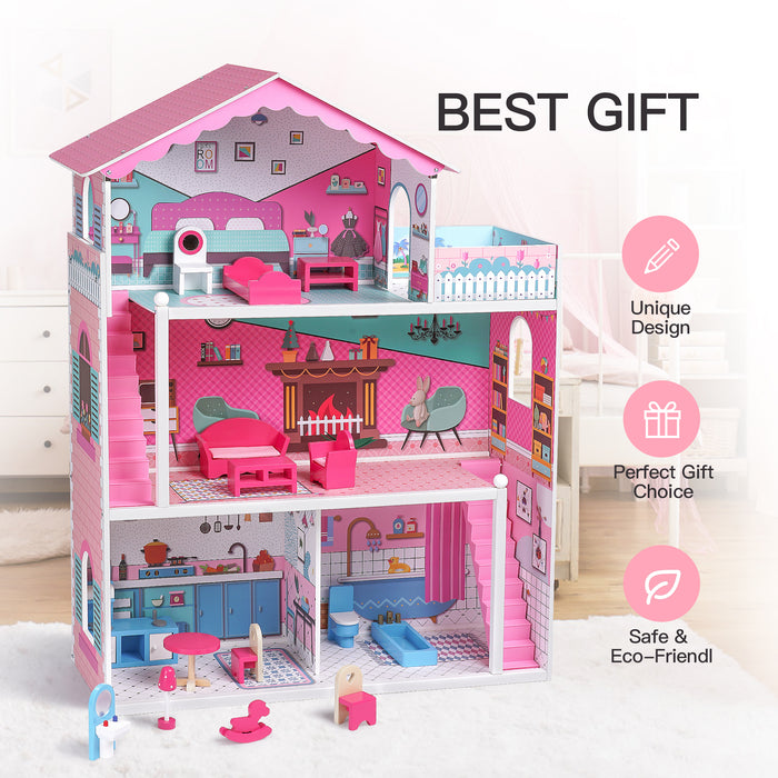 Wooden Dollhouse with Furniture 4-Rooms, with 18 pcs Furniture & Accessories