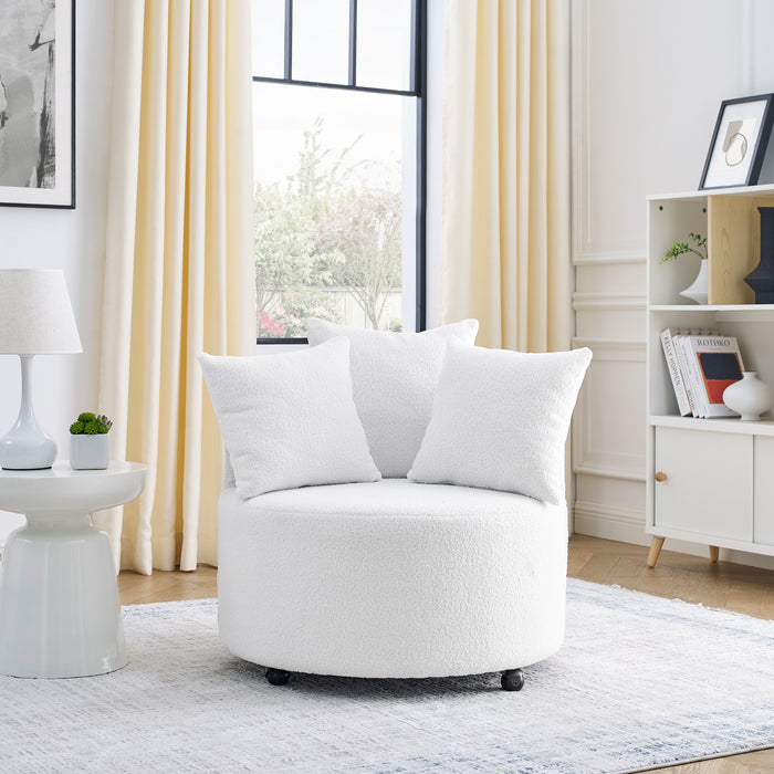 Teddy Fabric Swivel Accent Backchair Upholstered Luxury Lounge Chair for Living Room Bedroom, with Movable Wheels, Including 3 Pillows,White