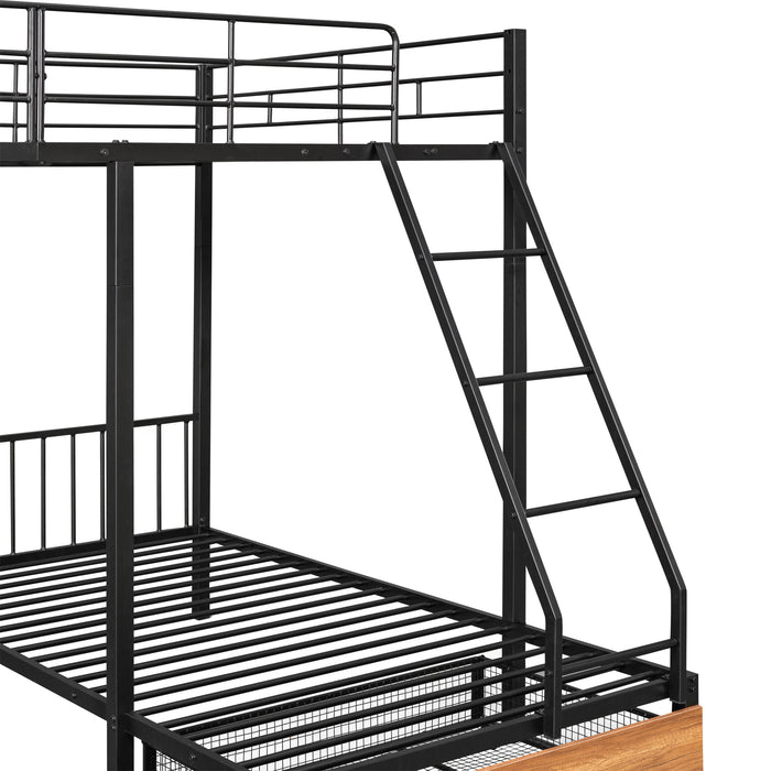 Black Full Over Twin & Twin Bunk Bed Metal Triple Bunk Bed with Drawers and Guardrails lowrysfurniturestore