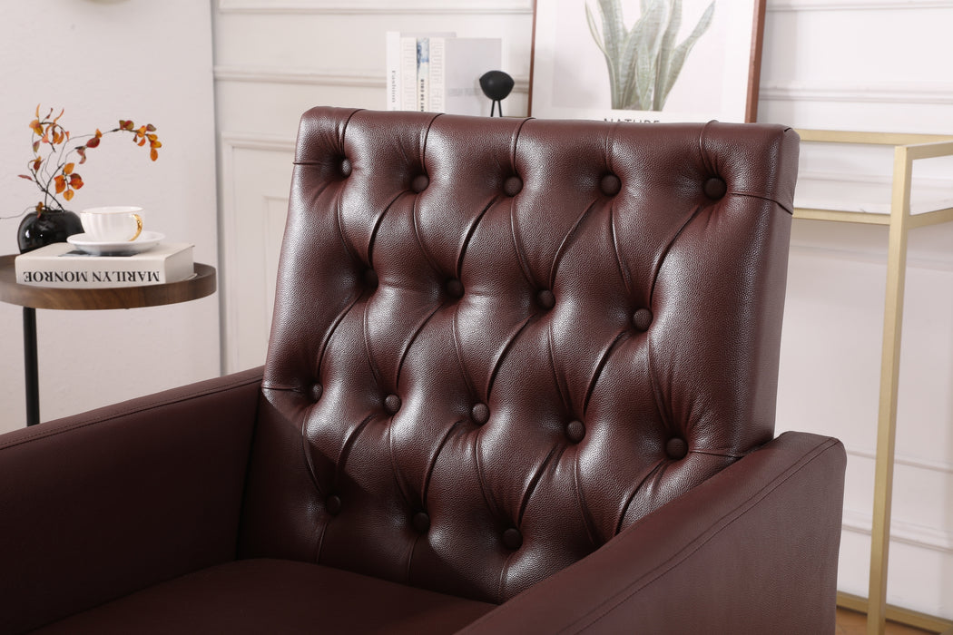 PU Leather Accent Chair, Upholstered Lounge Sofa Armchair, Comfortable Armchair with Wooden Legs in Log Color, Modern Button Reading Chair for Bedroom Living Room, Dark Brown