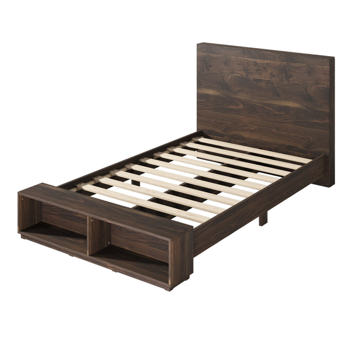 Queen Size Wood Platform Bed with Storage Bench in Walnut