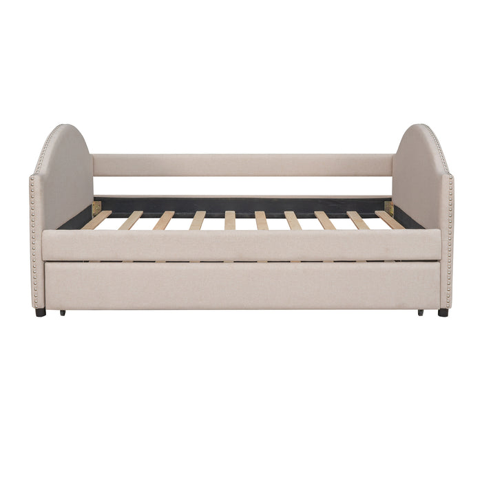 Full size Upholstered Daybed with Twin Size Trundle, Wood Slat Support, Beige(OLD SKU :LP000118AAA)