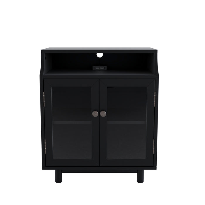 Nightstand with Storage Shelves and Cabinets for Living Room/Bedroom,Glass Door,USB Design,Black
