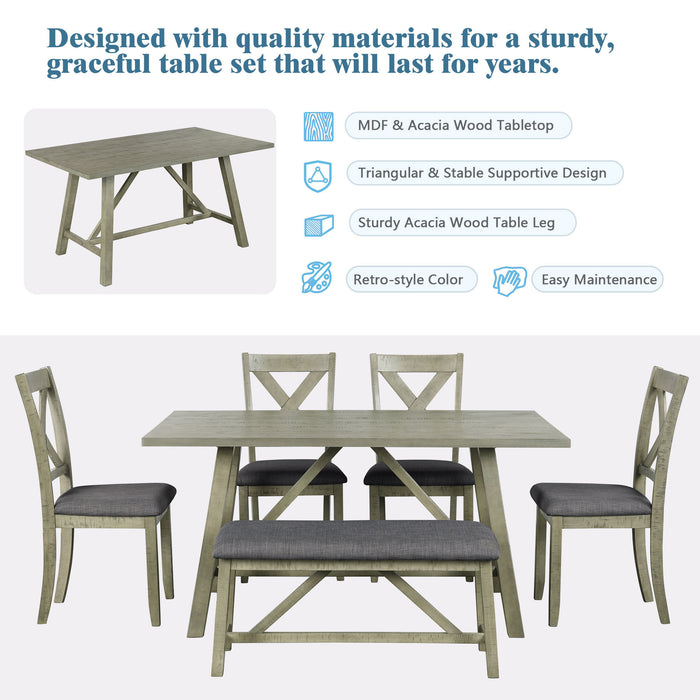 6 Piece Dining Table Set Wood Dining Table and chair Kitchen Table Set with Table, Bench and 4 Chairs, Rustic Style, Gray(No Difference with SH000109AAE）