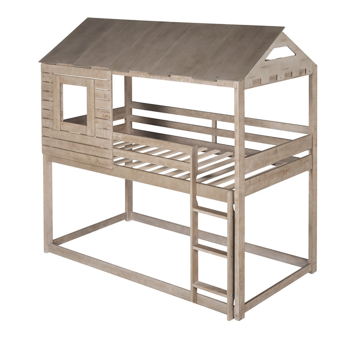 Twin Over Twin Bunk Bed Wood Loft Bed with Roof, Window, Guardrail, Ladder (Antique Gray) (OLD SKU :LP000062AAN)