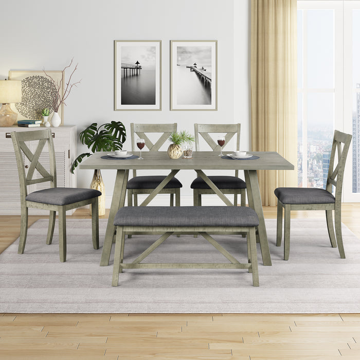6 Piece Dining Table Set Wood Dining Table and chair Kitchen Table Set with Table, Bench and 4 Chairs, Rustic Style, Gray(No Difference with SH000109AAE）