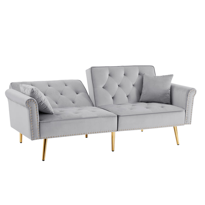 Modern Velvet Tufted Sofa Couch with 2 Pillows and Nailhead Trim, Loveseat Sofa Futon Sofa Bed with Metal Legs for Living Room.
