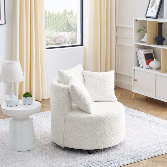 Loop Yarn Upholstered Accent Swivel Chair for Living Room Bedroom, with Movable wheels, Including 3 pillows, Beige