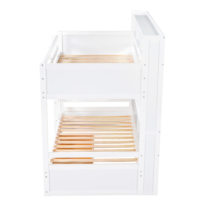 White Twin Size Bunk Bed with Built-in Shelves Upper and Lower Bed and Storage Drawer on Bottom lowrysfurniturestore