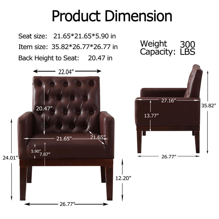 PU Leather Accent Chair, Upholstered Lounge Sofa Armchair, Comfortable Armchair with Wooden Legs in Log Color, Modern Button Reading Chair for Bedroom Living Room, Dark Brown