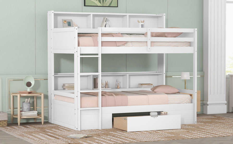 Twin Size Bunk Bed with Built-in Shelves Beside both Upper and Down Bed and Storage Drawer,White