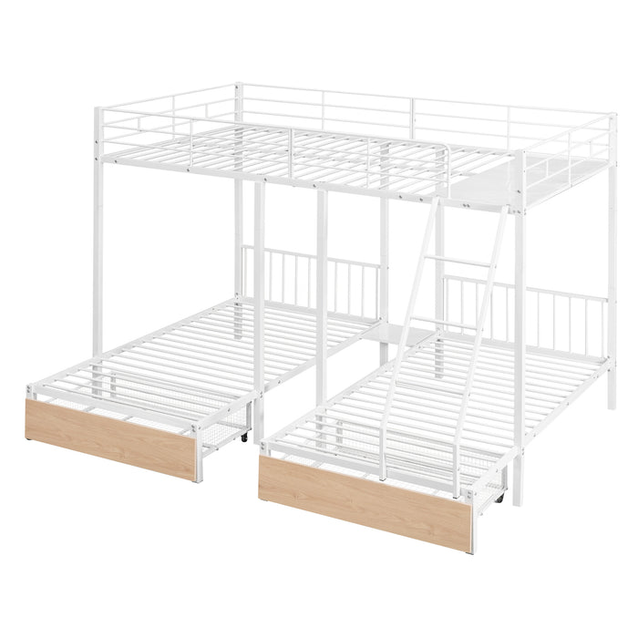 Full Over Twin & Twin Bunk Bed, Metal Triple Bunk Bed with Drawers and Guardrails, White