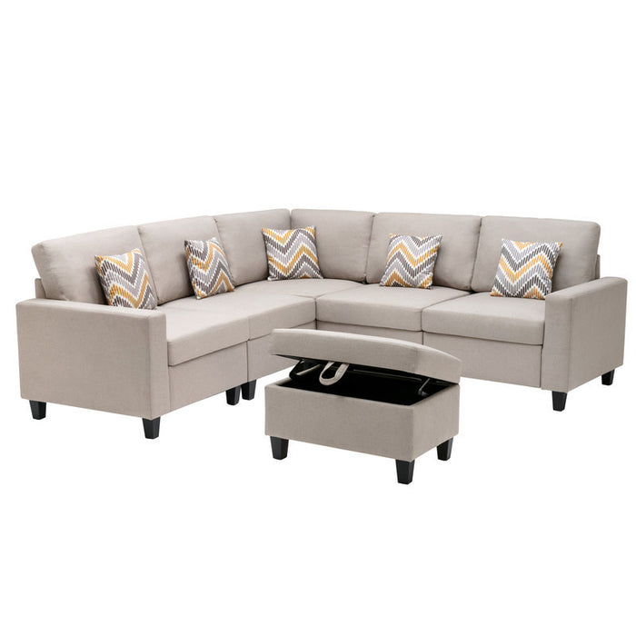 Nolan Beige Linen Fabric 6Pc Reversible Sectional Sofa with Pillows, Storage Ottoman, and Interchangeable Legs