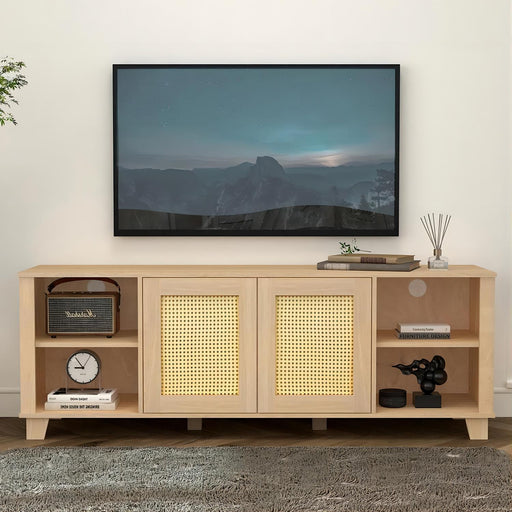 64.4" Rattan TV Stand for 65/70 inch TV Living Room Storage Console Entertainment Center,2 open doors | lowrysfurniturestore