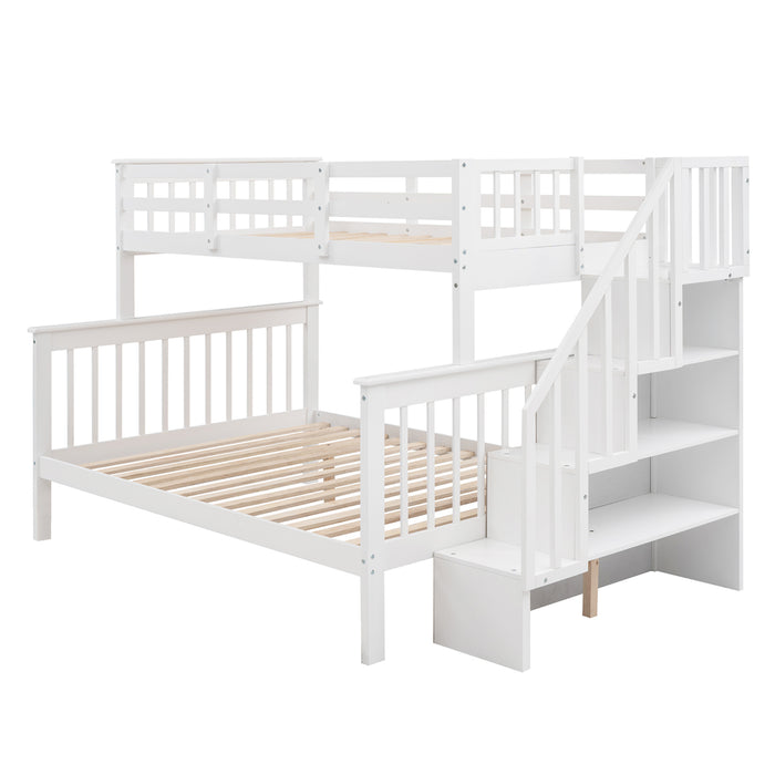 White Twin-Over-Full Bunk Bed with Stairway Storage and Guard Rail | lowrysfurniturestore
