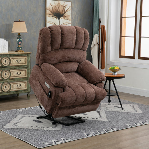 Lift Chair Brown Chenille 23" Seat Width and High Back Large Size Power Lift Recliner with 8-Point Vibration Massage and Lumbar Heating lowrysfurniturestore