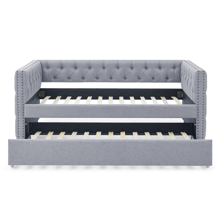 Daybed with Trundle Upholstered Tufted Sofa Bed, with Button and Copper Nail on Square Arms，both Twin Size, Grey（85“x42.5”x31.5“）（Old SKU W487S00045）