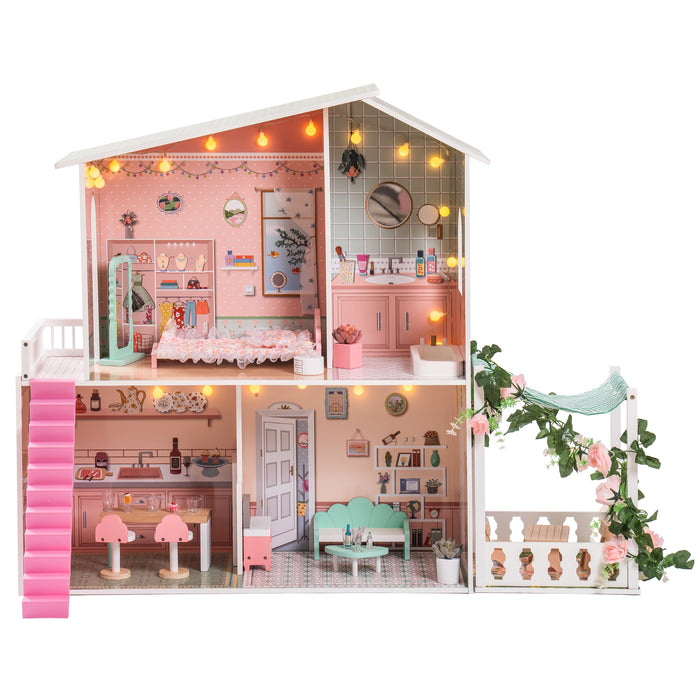 Stylish Dollhouse with Garden, Great Gift for Birthday, Christmas, for 3+Kids, Green&Pink